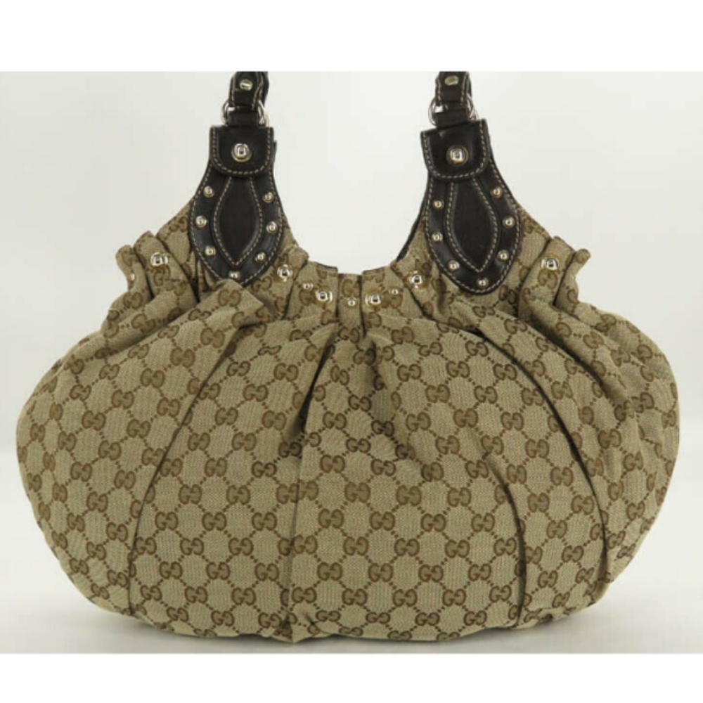 💯 AUTH GUCCI GG CANVAS LEATHER STUDED GATHER BAG - Picture 3 of 9
